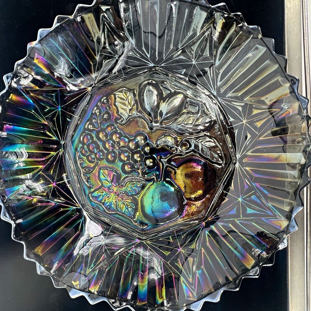 Vintage Federal Glass Carnival Glass Fruit Bowl Iridescent Smoke Starburst 11”